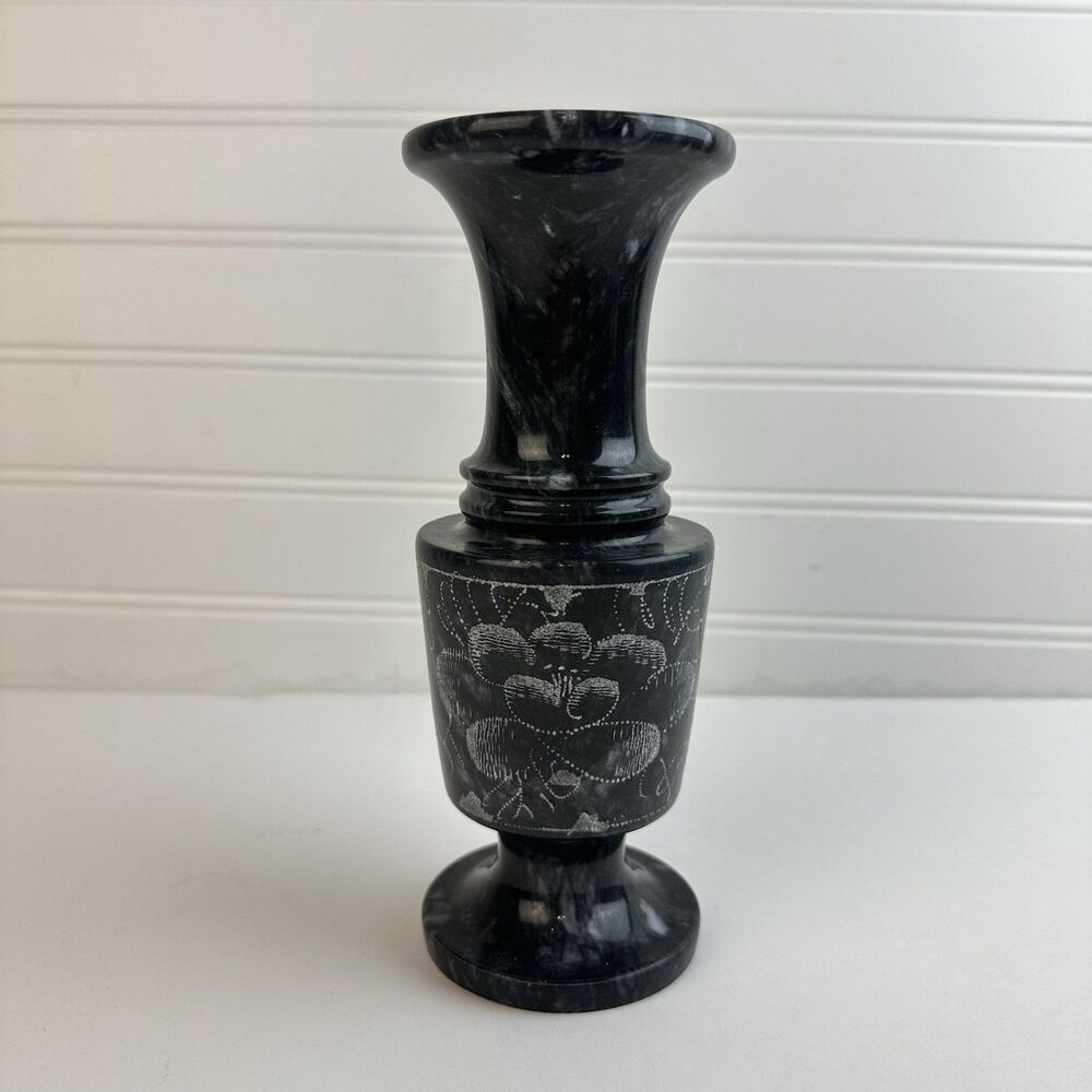 Vintage Black Gray Marble Vase 8” Floral Etched Flowers Design Heavy Urn Stone